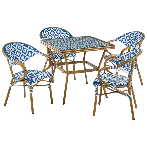Gartenmöbel-Set bestehend aus einem quadratischen Tisch mit Glasplatte und vier Armlehnstühlen mit blau-weißem Geflecht in Rattan-Optik.