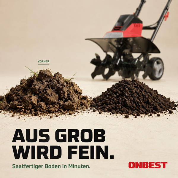 Vergleich von grober Erde und fein gefrästem Boden mit einer ONBEST Gartenfräse.