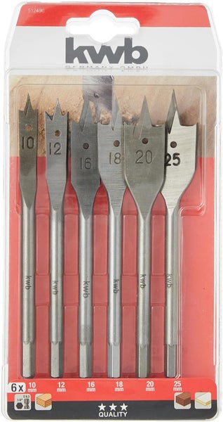 kwb Flachfräs-Bohrer Set, 6-teiliger Flach-Bohrer Satz für Holz 10 -25 mm, zubehör Schlagbormaschine