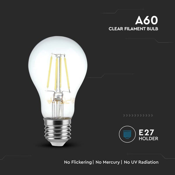 Klare A60 LED Filament Glühbirne mit E27 Fassung. Flackerfrei, ohne Quecksilber und ohne ultraviolette Strahlung. V-TAC Logo.