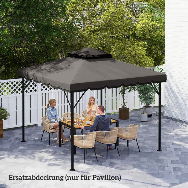 Dunkelgraue Ersatzabdeckung für einen Gartenpavillon über einer Sitzgruppe auf einer hellen Terrasse mit Zaun und Bäumen.