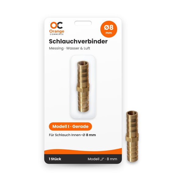Gerader Schlauchverbinder aus Messing für 8 Millimeter Innendurchmesser Schlauch, Orange Commerce Logo, Blisterverpackung