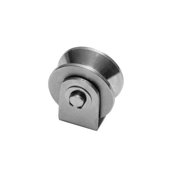 Eine metallene Laufrolle mit Halterung für Schiebetore oder Führungsschienen.