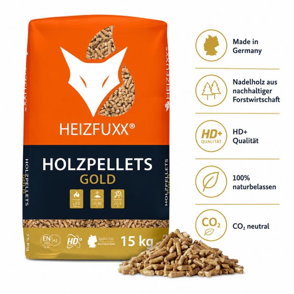 Heizfuxx Holzpellets Gold, 15 Kilogramm Sack, Nadelholz aus nachhaltiger Forstwirtschaft, hergestellt in Deutschland, HD plus Qualität, CO2-neutral.