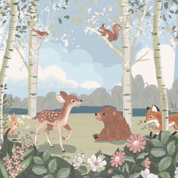 Illustration eines Waldes mit verschiedenen Tieren wie Reh, Bär, Fuchs, Hase, Eichhörnchen und Vogel