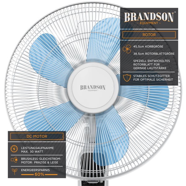 Brandson Standventilator DC Motor mit Fernbedienung + LED Display, Oszillation, Ventilator leise, Höhe verstellbar, energiesparend, Weiß