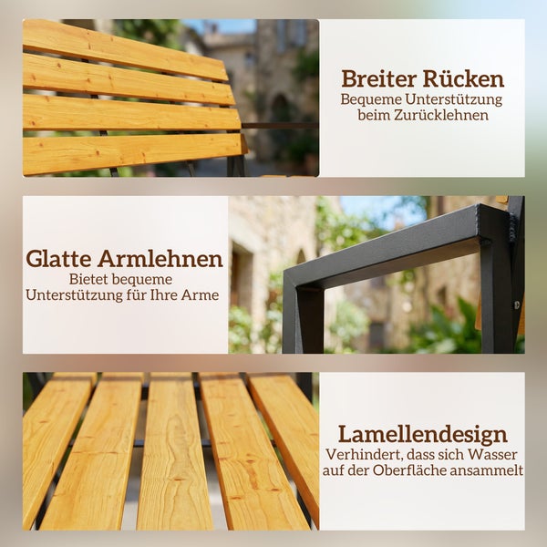 Gartenbank Merkmale: breite Rückenlehne aus Holzlamellen, glatte Armlehnen aus Metall und Lamellendesign für den Wasserablauf.