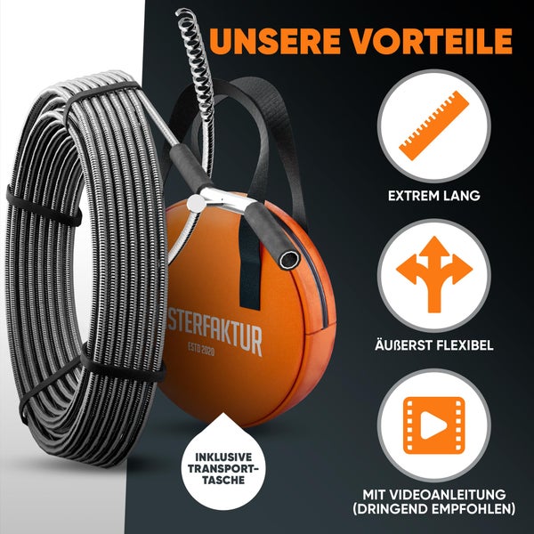 Meisterfaktur Rohrreinigungsspirale 3.0 [15m] - extra lang - Ideale Abflussspirale für eine umweltfreundliche Rohrreinigung - Die Rohrspirale für echte Heimwerker! (15 Meter - 0,95cm)