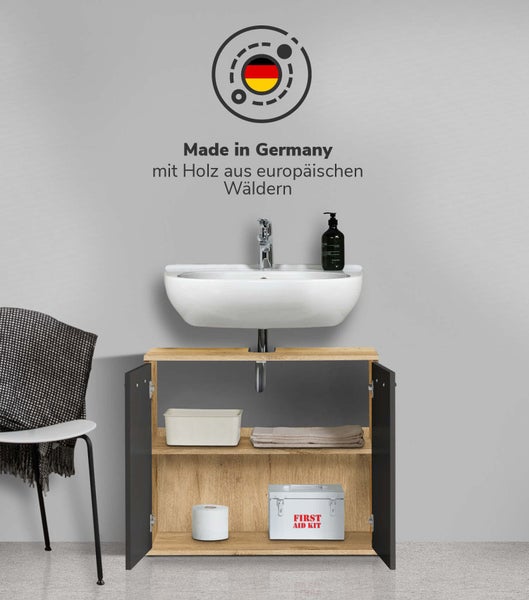 mokebo Waschbeckenunterschrank 'Der Waschbär' Waschtischunterschrank in 60x70x34 (HxBxT) in Eiche-Schwarz