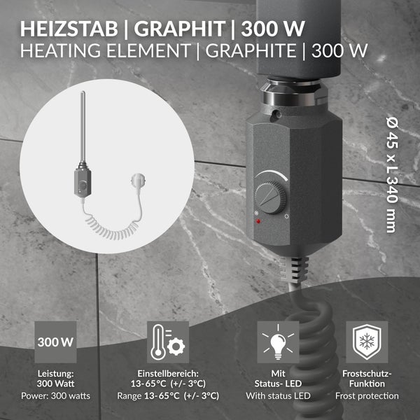 Heizstab in Graphit, 300 Watt, mit Drehregler, Status-LED, Frostschutzfunktion und Einstellbereich von 13 bis 65 Grad Celsius.