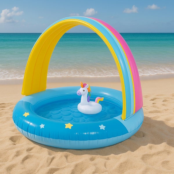 Aufblasbares Kinderplanschbecken mit Regenbogen Sonnendach und Einhorn Schwimmring