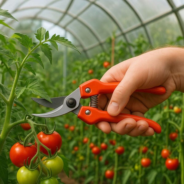 Person schneidet Tomatenpflanze im Gewächshaus mit einer Gartenschere
