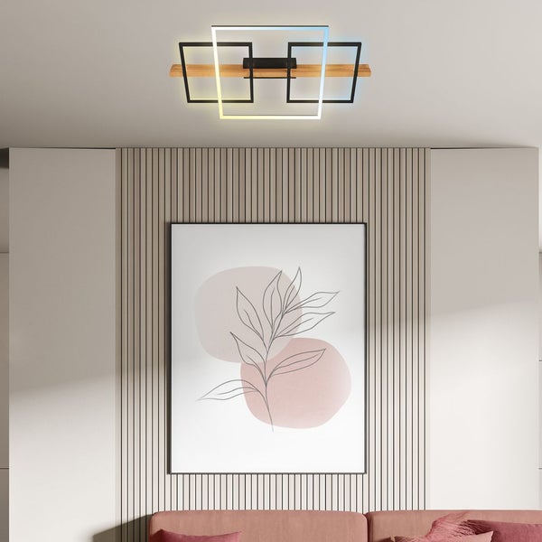 Briloner Cadre LED Deckenlampe, Indirektes Licht, Dimmbar, Speicherfunktion, Fernbedienung, Schwarz-Holz, 75 x 40 x 8 cm