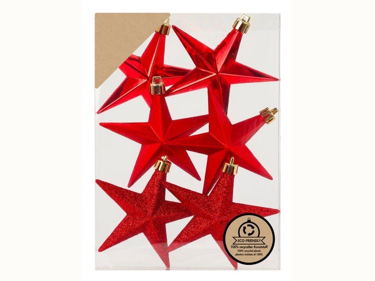Set mit sechs sternförmigen Weihnachtsbaumhängern aus recyceltem Kunststoff in glänzender und glitzernder Optik