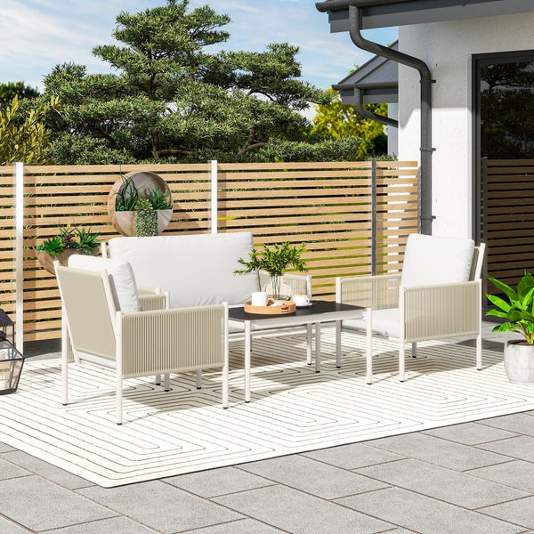 Outsunny Gartenmöbel Set aus Polyrattan Lounge-Set mit 2er Sofa Sessel Glastisch Kissen wetterfest Sitzgruppe für 4 Personen Outdoor Balkonmöbel Set Terrassenmöbel für Garten Balkon Braun+Grau