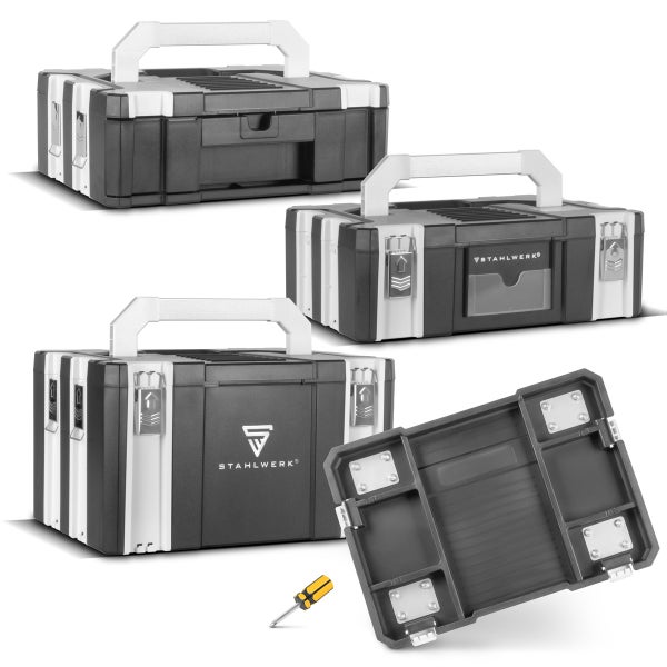 Mehrere Ansichten einer Stahlwerk Werkzeugbox mit Tragegriff und herausnehmbarem Einsatz