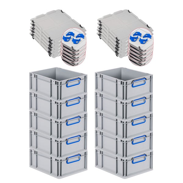 PROREGAL Spar Set 10x Eurobox Nextgen Color Mit Auflagedeckel & Schiebeschnappverschlüsse HxBxT 17 x 30 x 40 cm Griffe Blau Geschlossen Glatter Boden