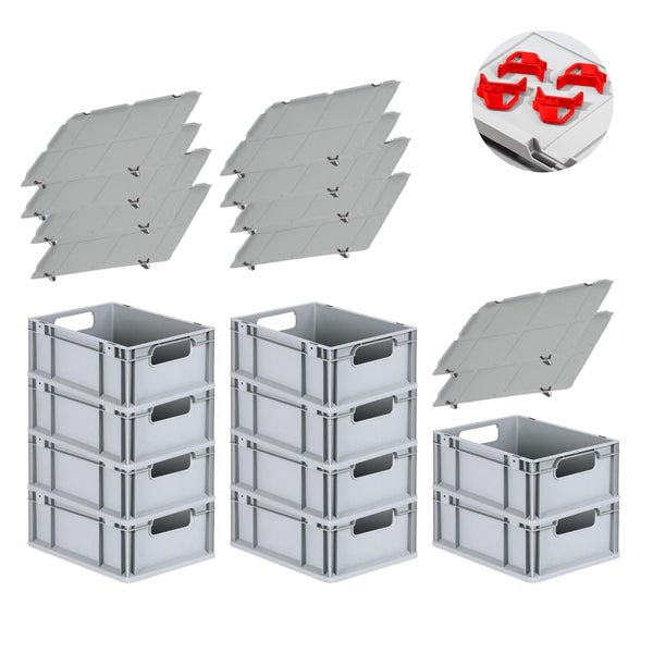 PROREGAL Spar Set 10x Eurobox Nextgen Economy Mit Auflagedeckel & 4x Schiebeschnappverschlüsse Rot Griffe Offen HxBxT 17 x 30 x 40 cm 16 Liter