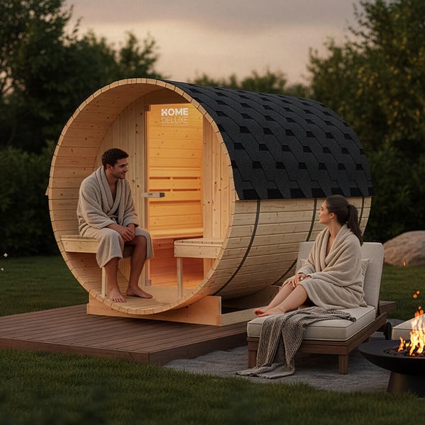 Fasssauna aus Holz im Garten mit Home Deluxe Logo, davor eine Liege und ein Paar im Bademantel.