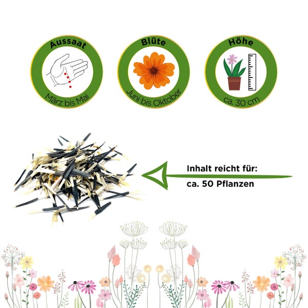Blumensamen mit Info zur Aussaat März bis Mai, Blüte Juni bis Oktober, Wuchshöhe circa 30 Zentimeter, Inhalt für circa 50 Pflanzen.