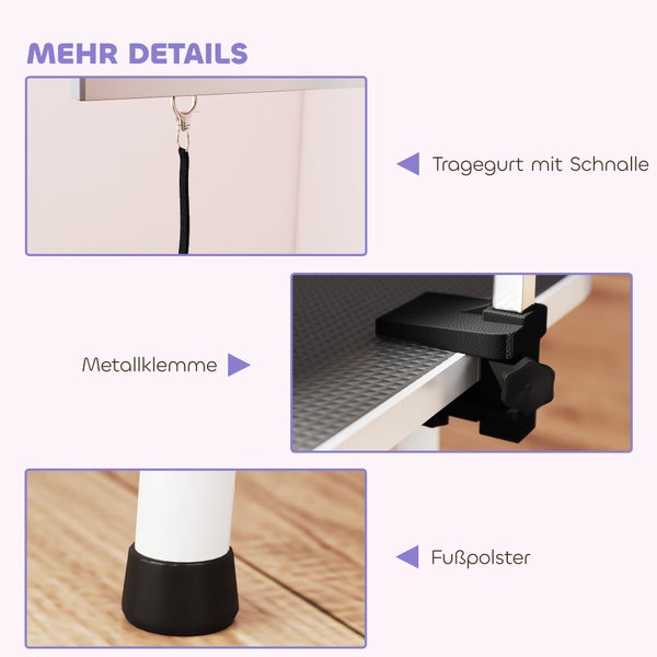 Detailansicht eines Tisches mit Tragegurt und Schnalle, Metallklemme zur Befestigung und schwarzen Fußpolstern an den Tischbeinen.