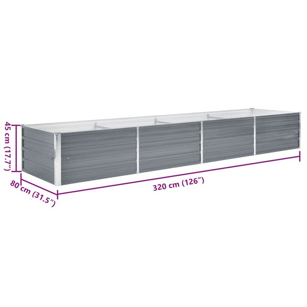 Hochbeet aus Metall mit den Maßen 320 mal 80 mal 45 Zentimeter.