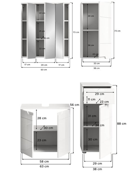 Maße der Badezimmermöbel: Spiegelschrank, Hängeschrank, Waschbeckenunterschrank und Beistellschrank mit detaillierten Angaben in Zentimeter.