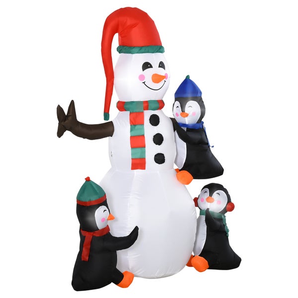 HOMCOM Weihnachten aufblasbarer Schneemann mit 3 Pinguinen, LEDs, 140 x 70 x 180 cm, Polyester, Mehrfarbig