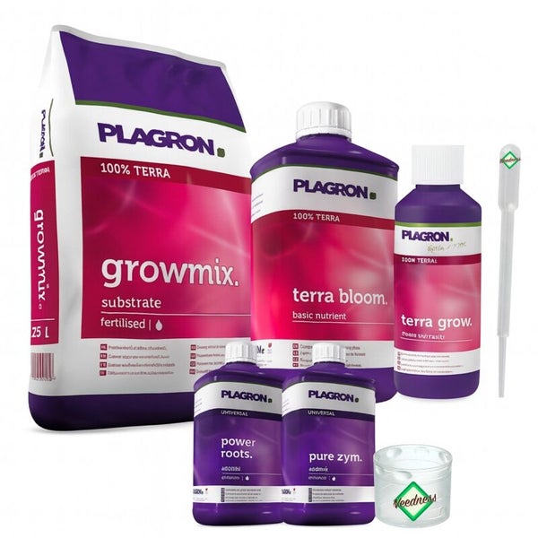 Plagron Pflanzenset mit Growmix Substrat, Terra Bloom, Terra Grow, Power Roots, Pure Zym, Pipette und Messbecher.