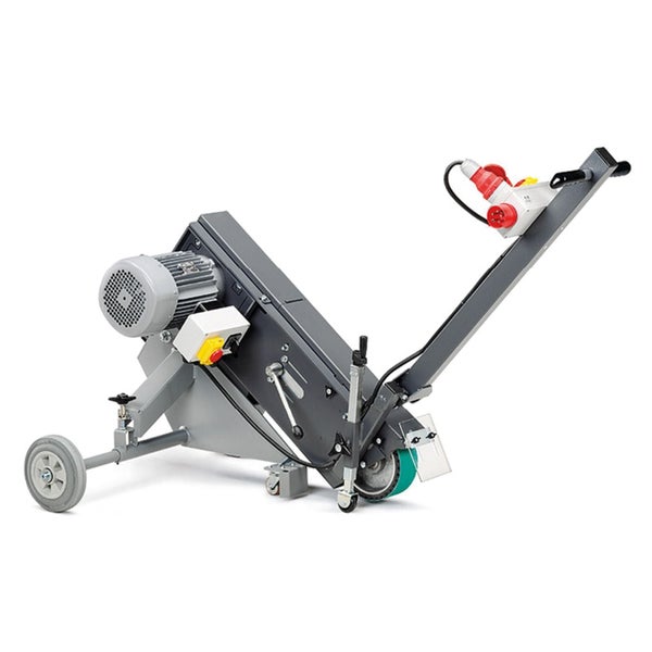 Bandschleifmaschine für Parkett mit Elektromotor, Führungsholm und Rädern für die Bodenrenovierung.