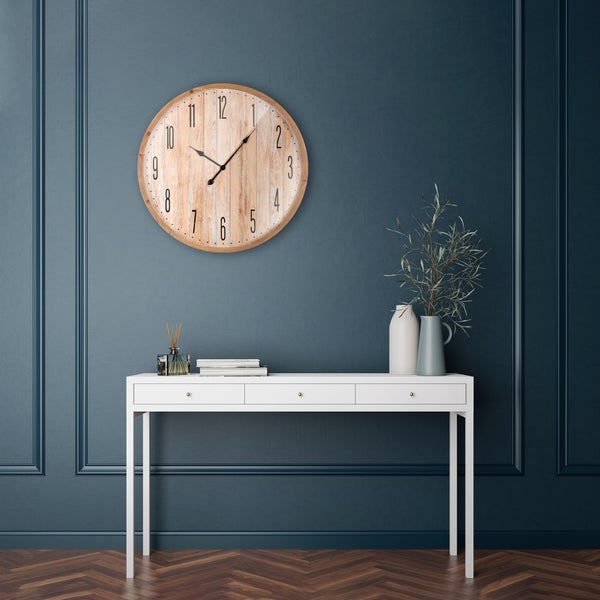 ECD Germany Große Wanduhr Ø 76cm rund mit Arabische Ziffern, Dekorative Uhr aus MDF-Holz und Glas, Fichtenoptik, Design Uhr im Vintage-Stil, Leisem Uhrwerk, geräuschlos, Analoge Wanduhr für Wohnzimmer