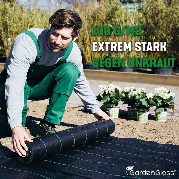 GardenGloss 10m² Anti-Unkrautgewebe 100g/m² – Wasserdurchlässig und Reissfest – Unkrautvlies Gartenvlies mit hoher UV-Stabilisierung – Bändchengewebe Unkrautfolie (5m x 2m, gefaltet)
