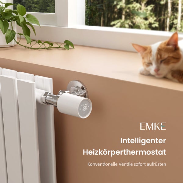 EMKE Intelligenter Heizkörper-Thermostatkopf – Weiß, Touchscreen, Fernsteuerung, 82x50mm, 7-Tage/24-Stunden Programmierung