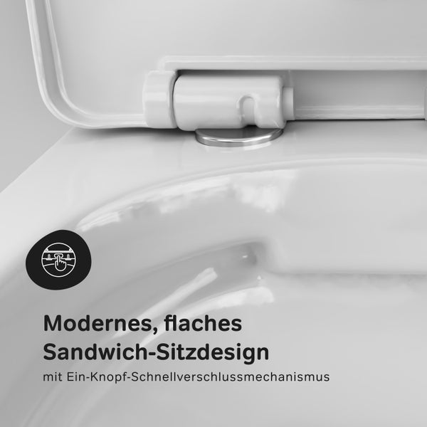 Detailansicht eines Toilettendeckels mit flachem Sandwich-Sitzdesign und Ein-Knopf-Schnellverschlussmechanismus