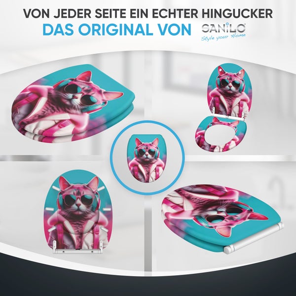 Sanilo WC-Sitz mit Katzen Motiv im Hip-Hop Stil mit Sonnenbrille und Kopfhörer in verschiedenen Ansichten.