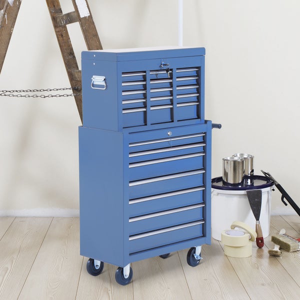 HOMCOM, Fahrbarer Werkzeugwagen, Werkstattwagen, 61,5L x 33B x 113H cm, Stahl, Blau