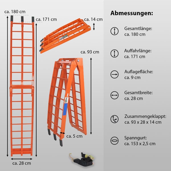 TRUTZHOLM 1 x Auffahrrampe klappbar 180 cm Traglast 340 kg Alu orange Riffelstab Verladerampe