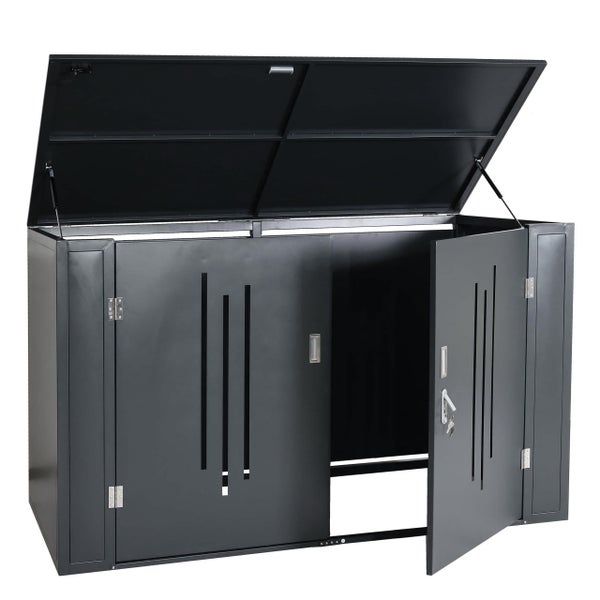 Mülltonnenbox aus Metall für zwei Mülltonnen mit klappbarem Deckel und zwei Türen, anthrazit.