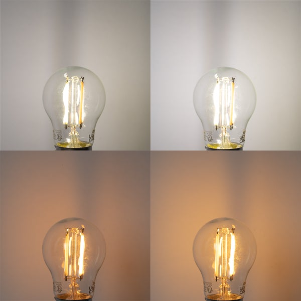 LED-Filament-Leuchtmittel mit Darstellung verschiedener Farbtemperaturen von warmweiß bis kaltweiß.