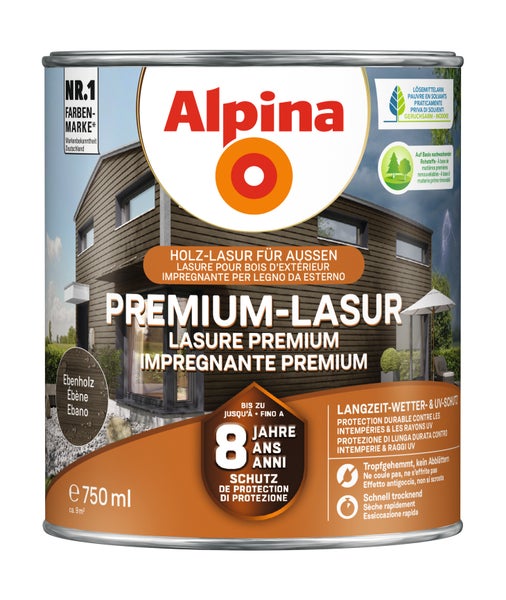 Alpina Premium-Lasur für Holz im Außenbereich, Farbton Ebenholz, 750 Milliliter Dose mit bis zu 8 Jahren Langzeitschutz.