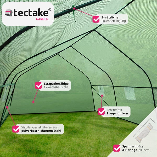 Foliengewächshaus tectake  600 x 300 x 205 cm 27 m³, in Zeltform mit 8 Fenstern grün