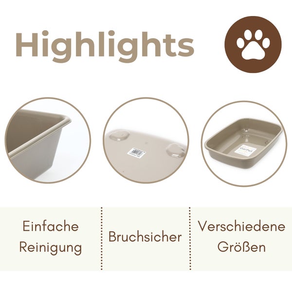 Produkt-Highlights einer Kunststoff-Katzentoilette: einfache Reinigung, bruchsicher und in verschiedenen Größen erhältlich.