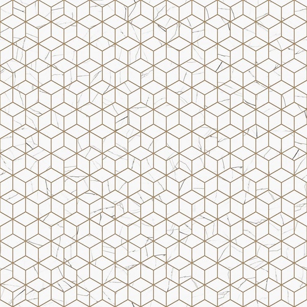 Vliestapete mit geometrischem Würfelmuster, Marmoreffekt und goldfarbenen Linien.