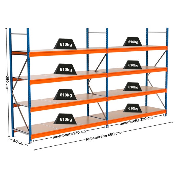 Regalsystem mit drei Ebenen, Abmessungen und Gewichtsangaben