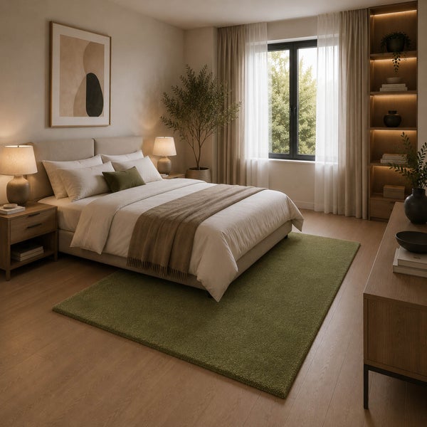 Modernes, helles Schlafzimmer mit Doppelbett, grünem Teppich, Holzmöbeln und gemütlicher Beleuchtung.