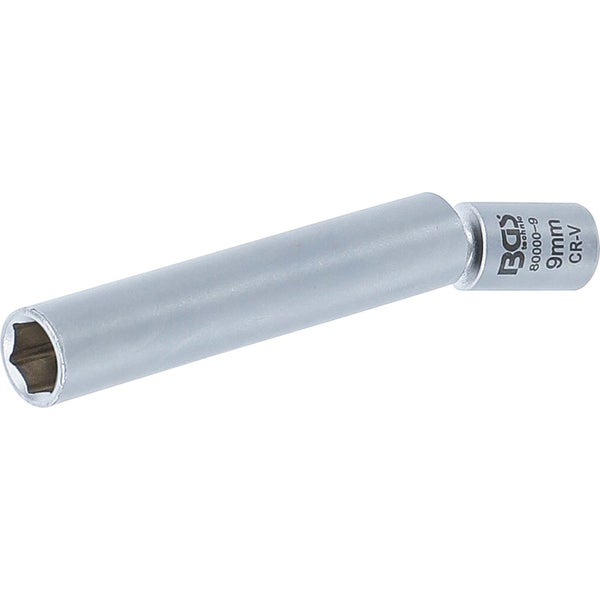 Nahaufnahme eines Steckschlüsseleinsatzes mit Sechskant Profil aus Metall.