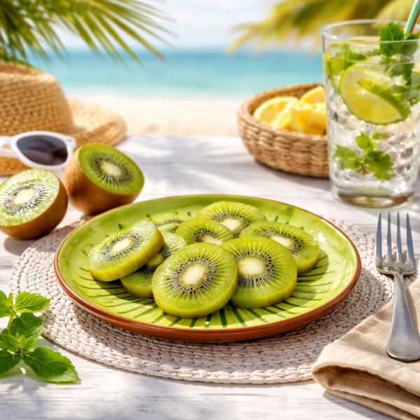 Geschnittene Kiwis auf einem grünen Teller auf einem Tisch am Strand mit einem Glas Limettenwasser und einem Sonnenhut im Hintergrund.