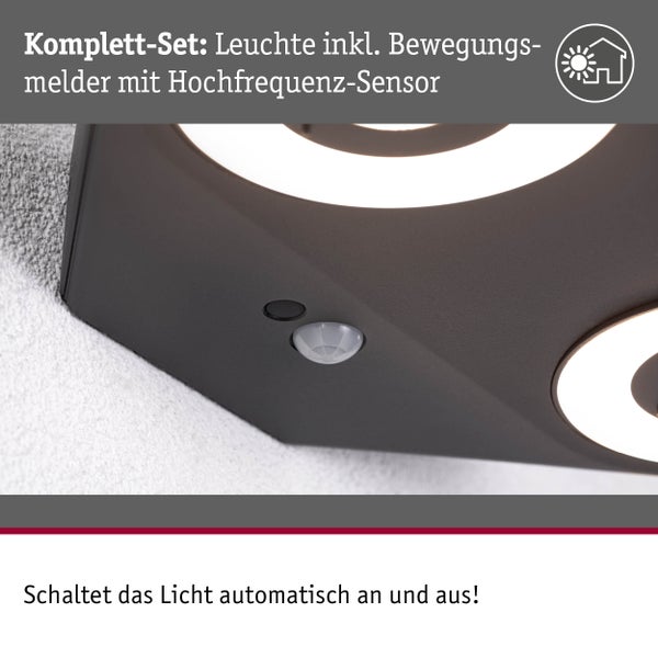 Wandleuchte mit integriertem Hochfrequenz Bewegungsmelder für automatisches Ein- und Ausschalten.