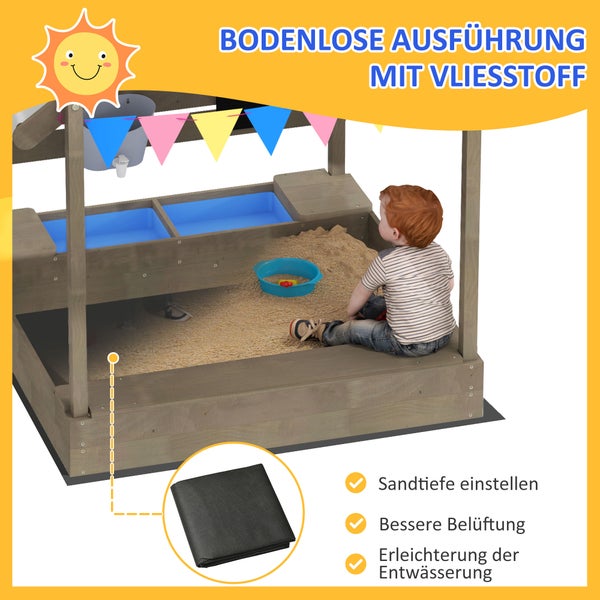 Sandkasten mit Stoffauskleidung und Kind beim Spielen