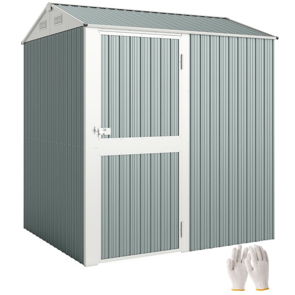 Graues Gerätehaus aus Metall mit Satteldach, weißer Einzeltür und Arbeitshandschuhen.